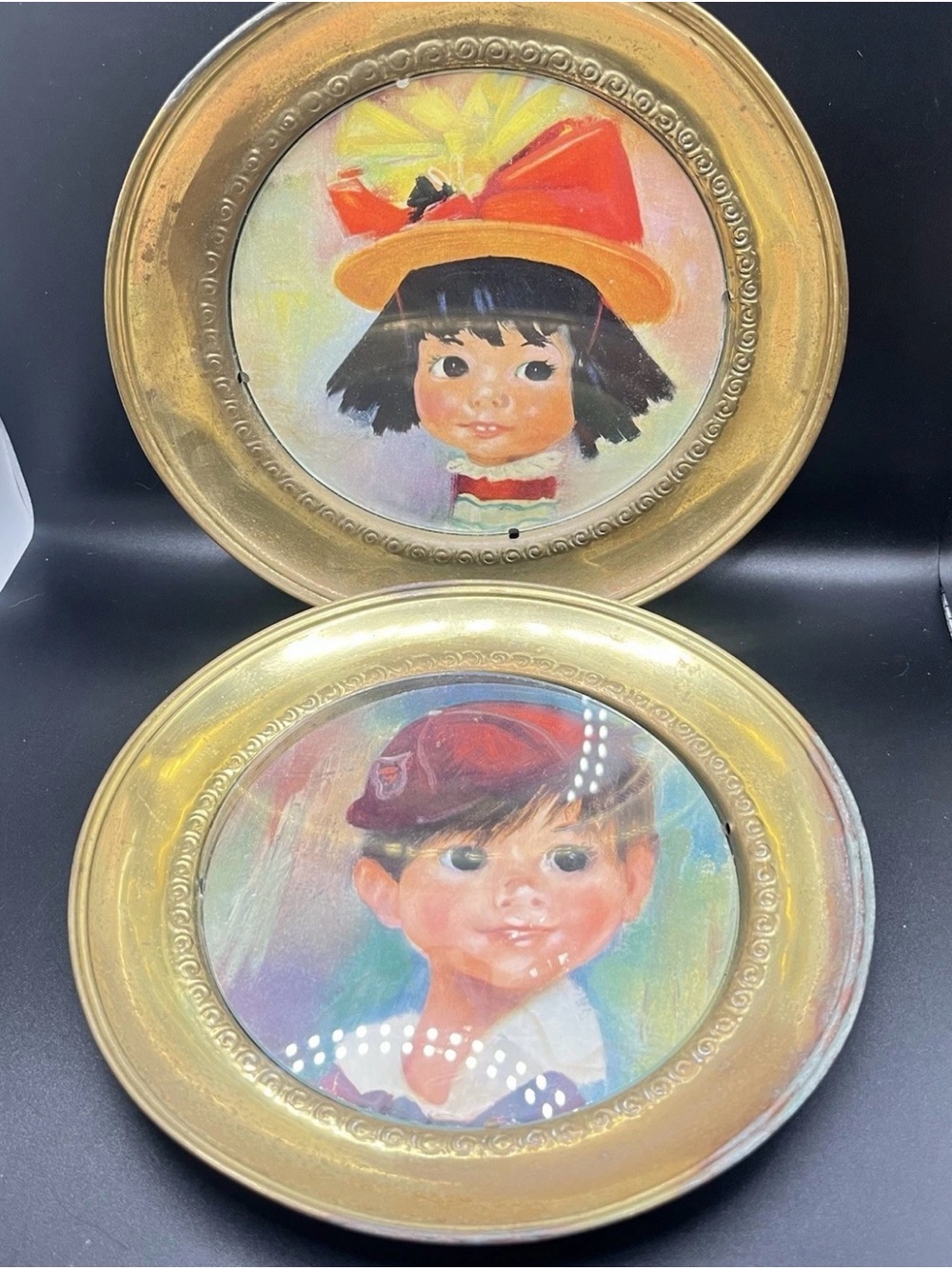 Vintage Kitsch Big Eyed Prints In Brass Frames Made In England Set Of 2